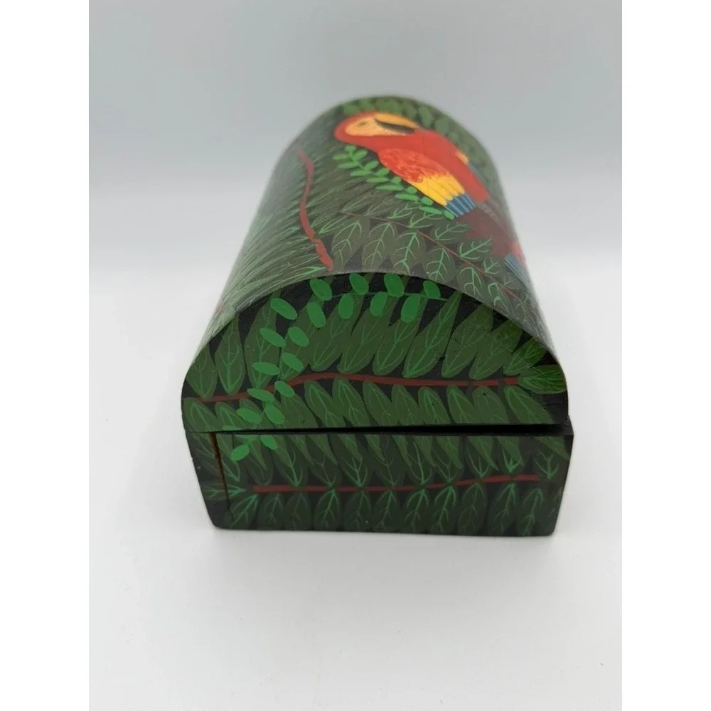 Hand Painted Wooden Jewelry Box Parrot Tropical Bird Hinged Lid Folk Art READ